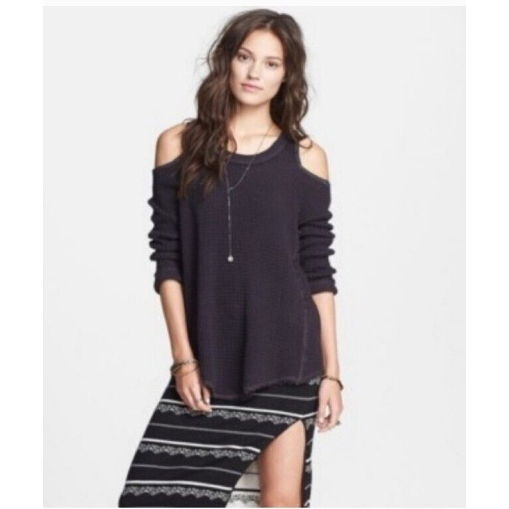 Free People Small Moonshine Open Shoulder Waffle Knitโ Sweater Black Distressed